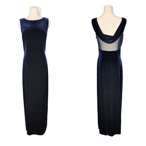 Vintage 90s Y2K Scott McClintock Dress M Blue Velvet Rhinestone Cowl Back Mesh